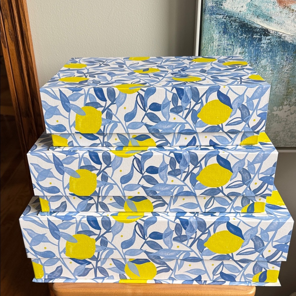 NWT Punch Studio Set of 3 Nesting Boxes Lemons Amalfi Coast Preppy Coastal Decor